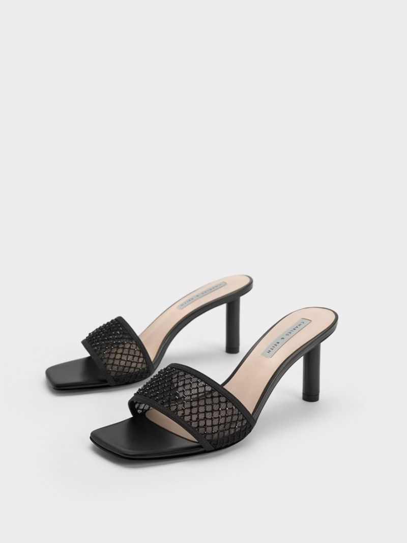 Charles & Keith Gem-Encrusted Cylindrical Heel Mesh Sandaler med Hæl Svarte | GPBES9846