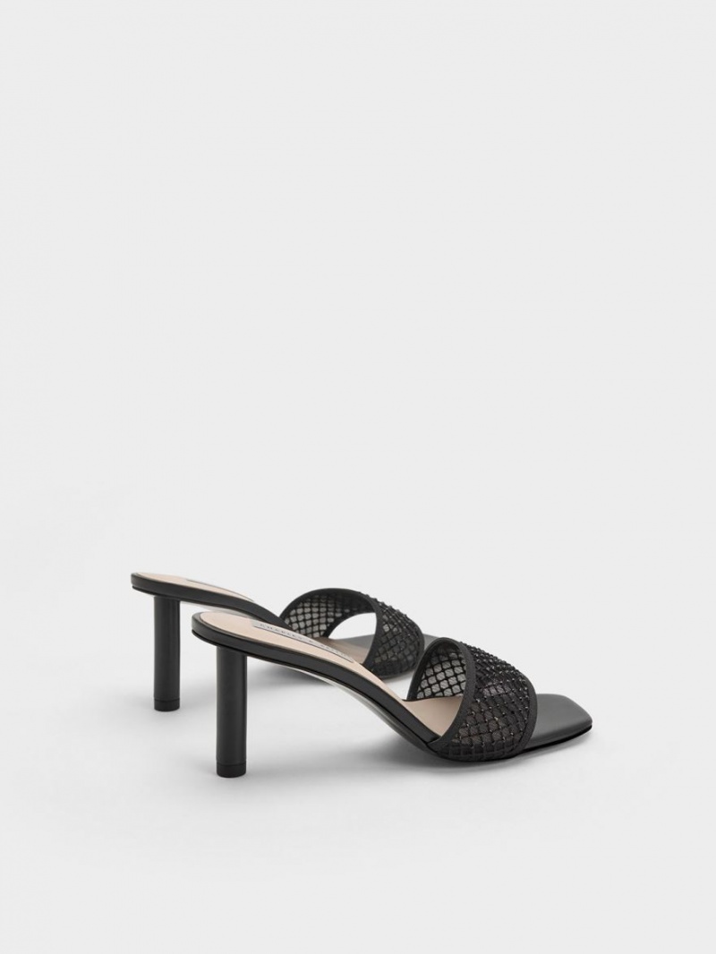 Charles & Keith Gem-Encrusted Cylindrical Heel Mesh Sandaler med Hæl Svarte | GPBES9846