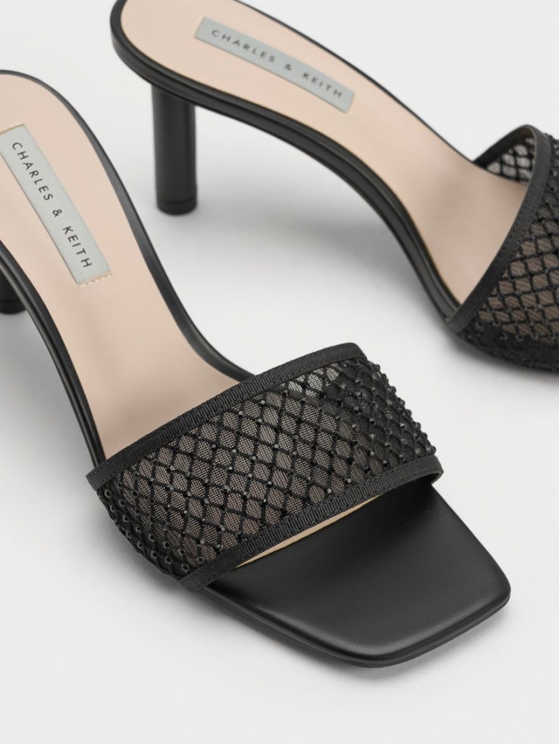 Charles & Keith Gem-Encrusted Cylindrical Heel Mesh Sandaler med Hæl Svarte | GPBES9846