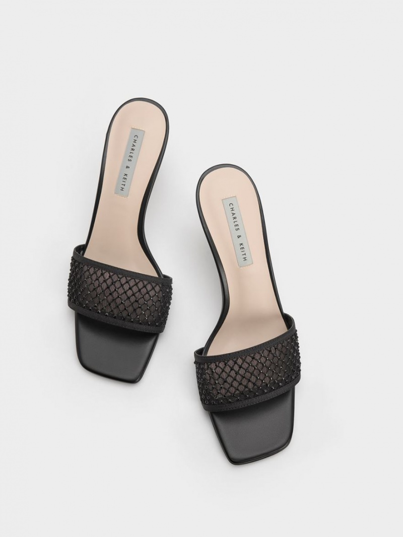 Charles & Keith Gem-Encrusted Cylindrical Heel Mesh Sandaler med Hæl Svarte | GPBES9846