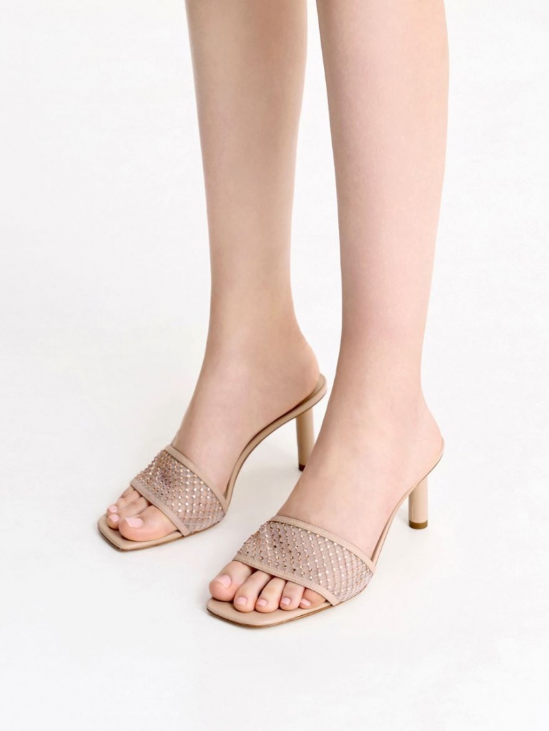 Charles & Keith Gem-Encrusted Cylindrical Heel Mesh Sandaler med Hæl Beige | FNJZR1342