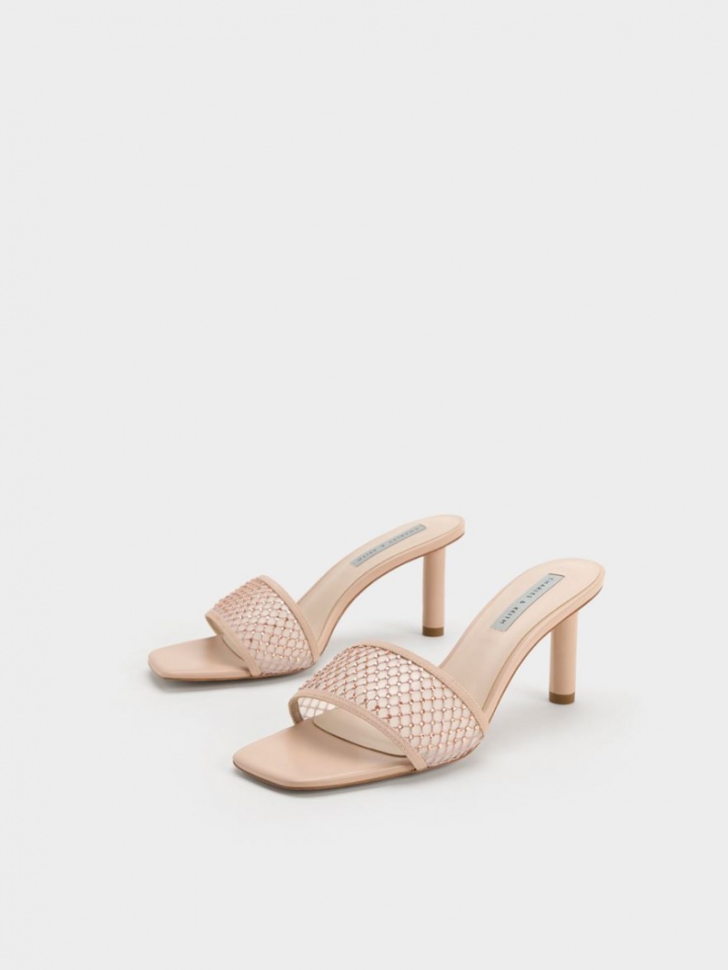 Charles & Keith Gem-Encrusted Cylindrical Heel Mesh Sandaler med Hæl Beige | FNJZR1342