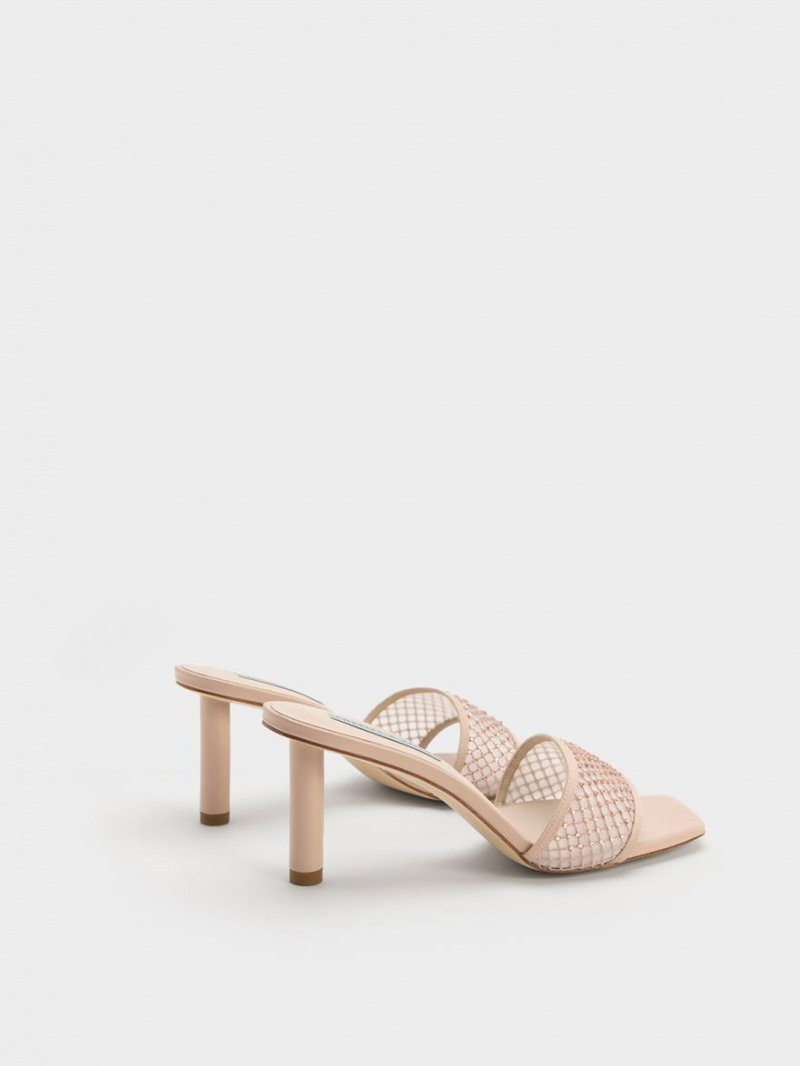 Charles & Keith Gem-Encrusted Cylindrical Heel Mesh Sandaler med Hæl Beige | FNJZR1342