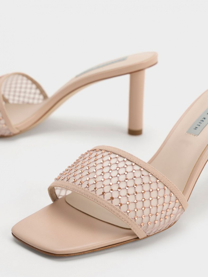 Charles & Keith Gem-Encrusted Cylindrical Heel Mesh Sandaler med Hæl Beige | FNJZR1342