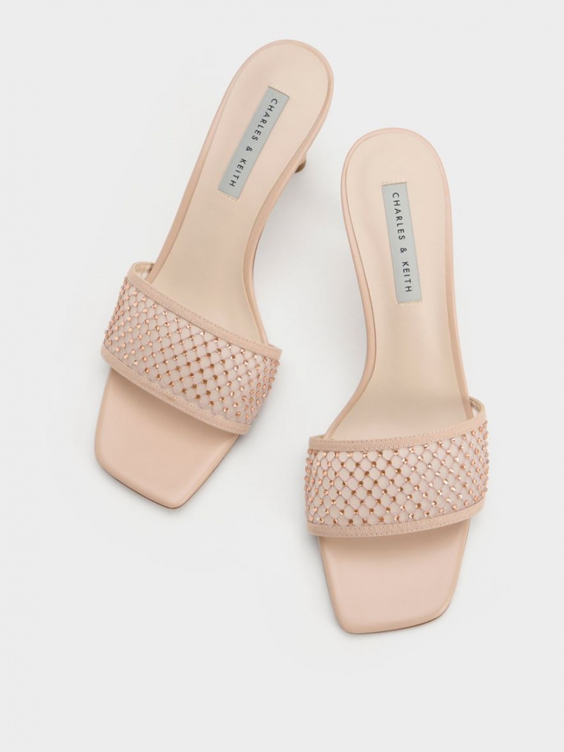 Charles & Keith Gem-Encrusted Cylindrical Heel Mesh Sandaler med Hæl Beige | FNJZR1342