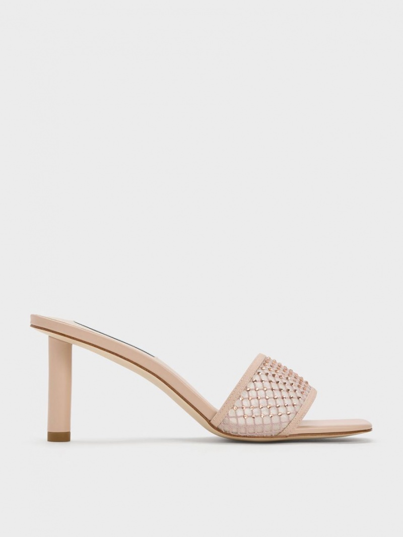 Charles & Keith Gem-Encrusted Cylindrical Heel Mesh Sandaler med Hæl Beige | FNJZR1342