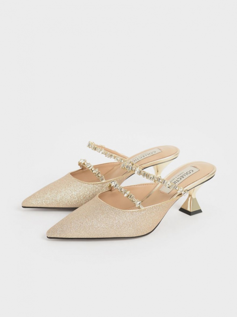 Charles & Keith Gem-Encrusted Metallic Glittered Mules Sko Gull | IHSAQ0291