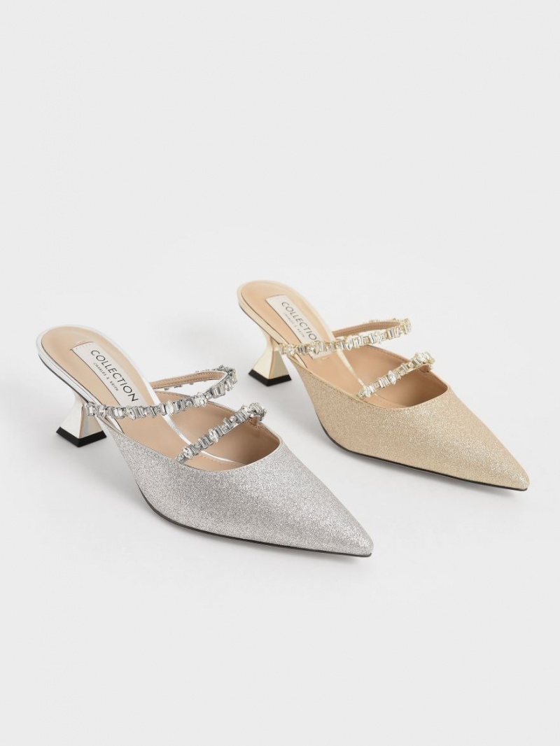 Charles & Keith Gem-Encrusted Metallic Glittered Mules Sko Gull | IHSAQ0291