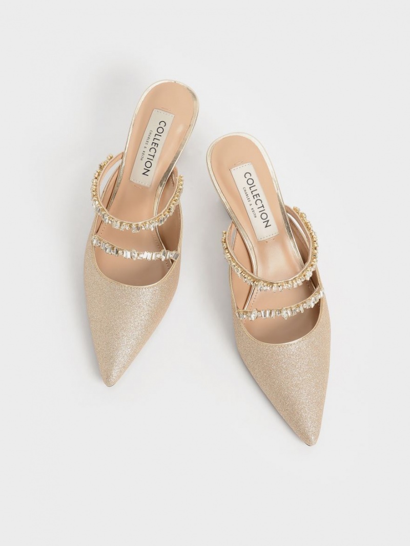 Charles & Keith Gem-Encrusted Metallic Glittered Mules Sko Gull | IHSAQ0291