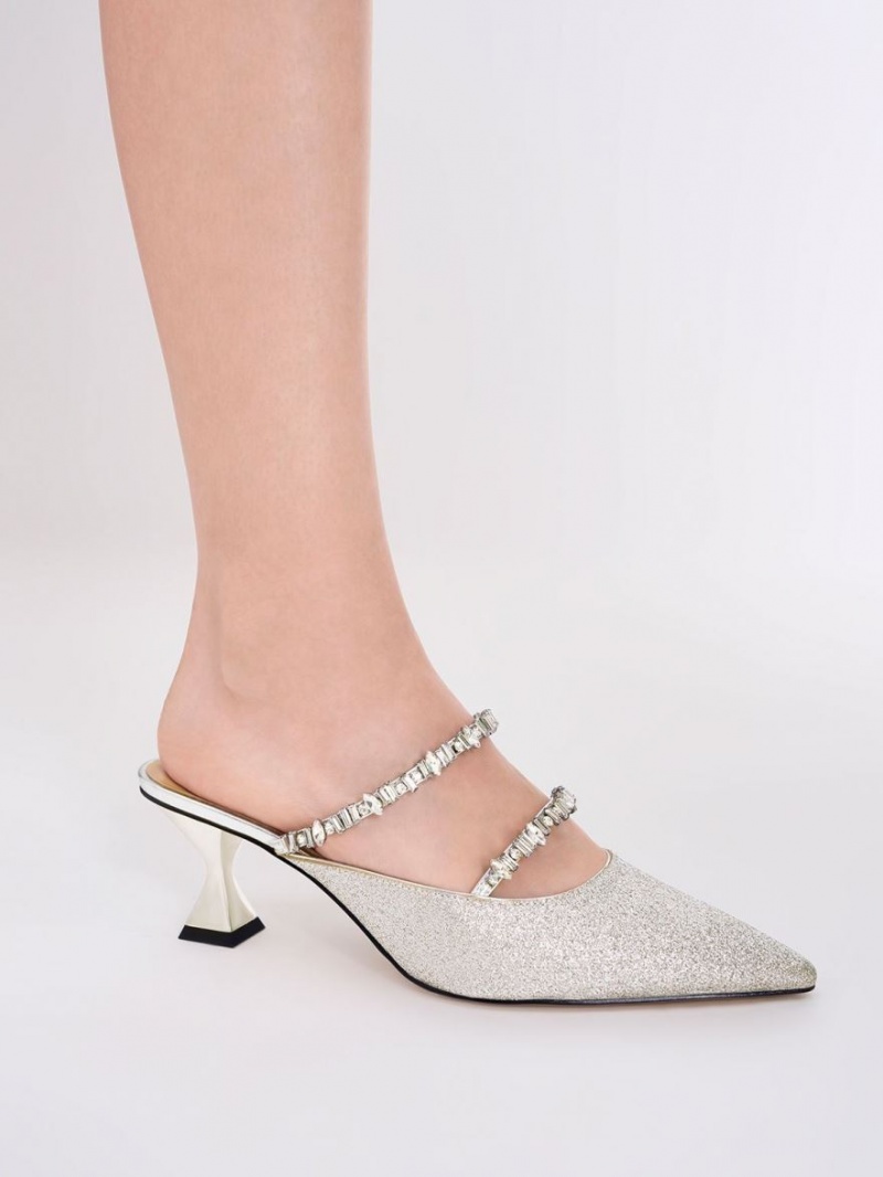 Charles & Keith Gem-Encrusted Metallic Glittered Mules Sko Sølv | PMCWK7869