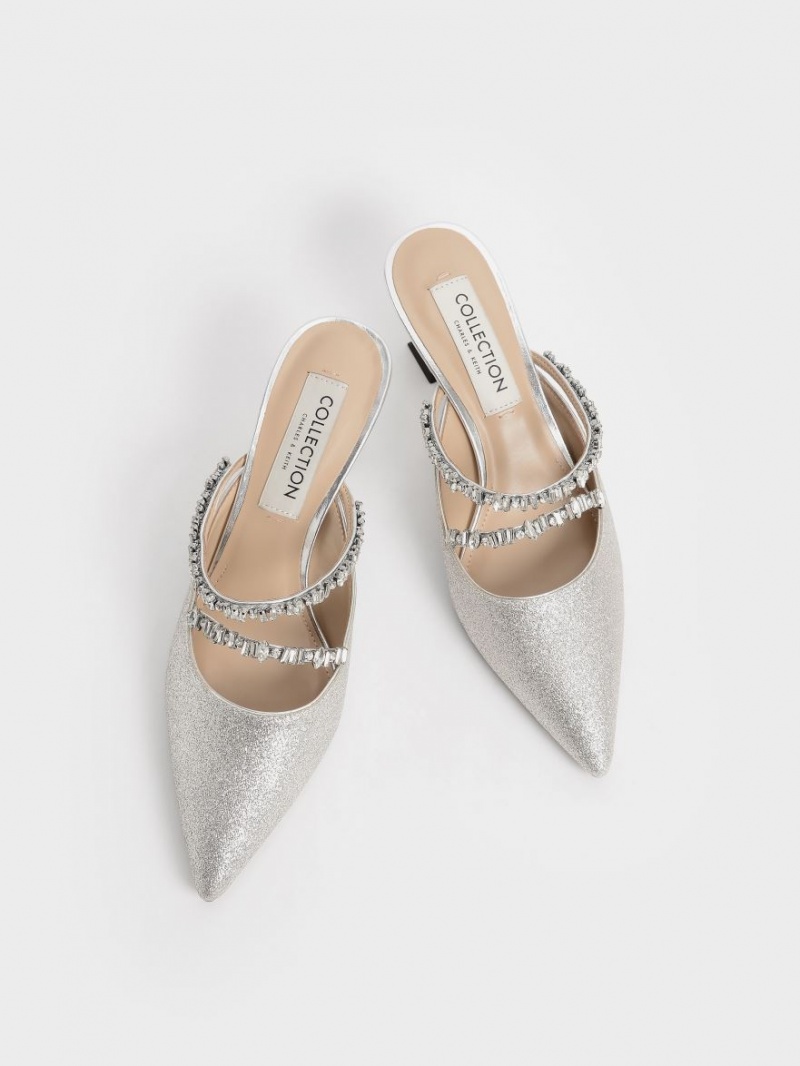 Charles & Keith Gem-Encrusted Metallic Glittered Mules Sko Sølv | PMCWK7869