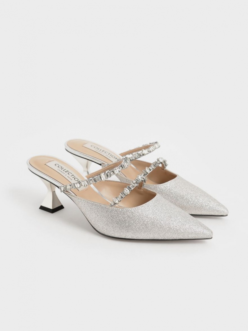 Charles & Keith Gem-Encrusted Metallic Glittered Mules Sko Sølv | PMCWK7869