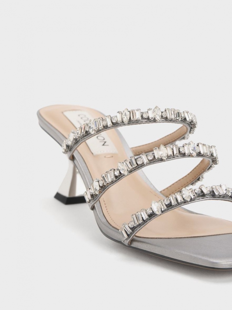 Charles & Keith Gem-Encrusted Metallic Sandaler Med Reim Sølv | QICMZ6395