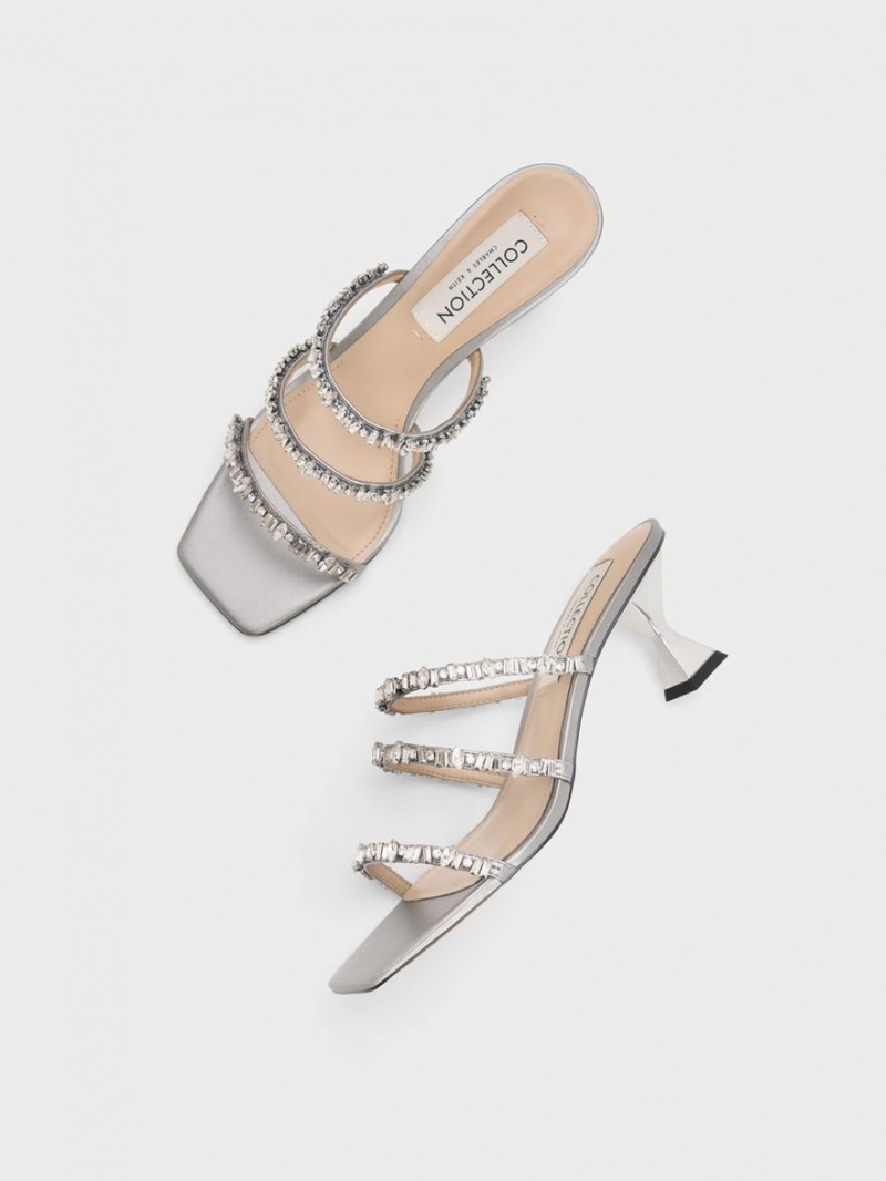 Charles & Keith Gem-Encrusted Metallic Sandaler Med Reim Sølv | QICMZ6395