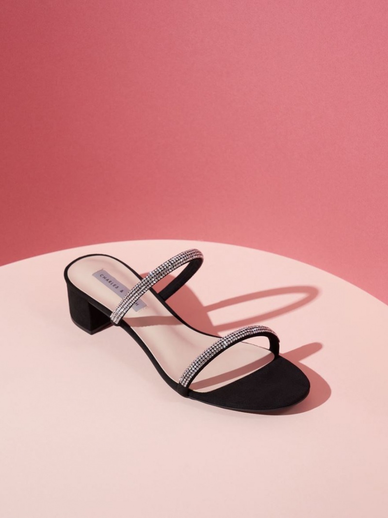 Charles & Keith Gem-Encrusted Strappy Hælene Mules Sko Svarte | KTSWX7548