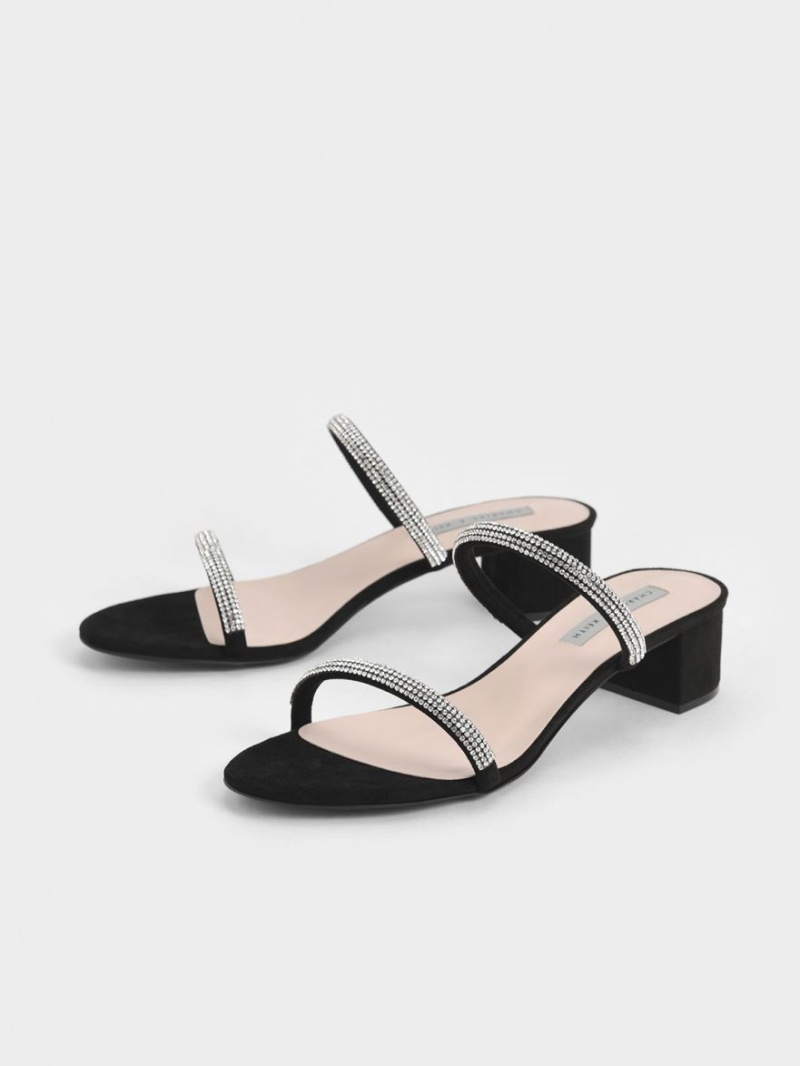 Charles & Keith Gem-Encrusted Strappy Hælene Mules Sko Svarte | KTSWX7548