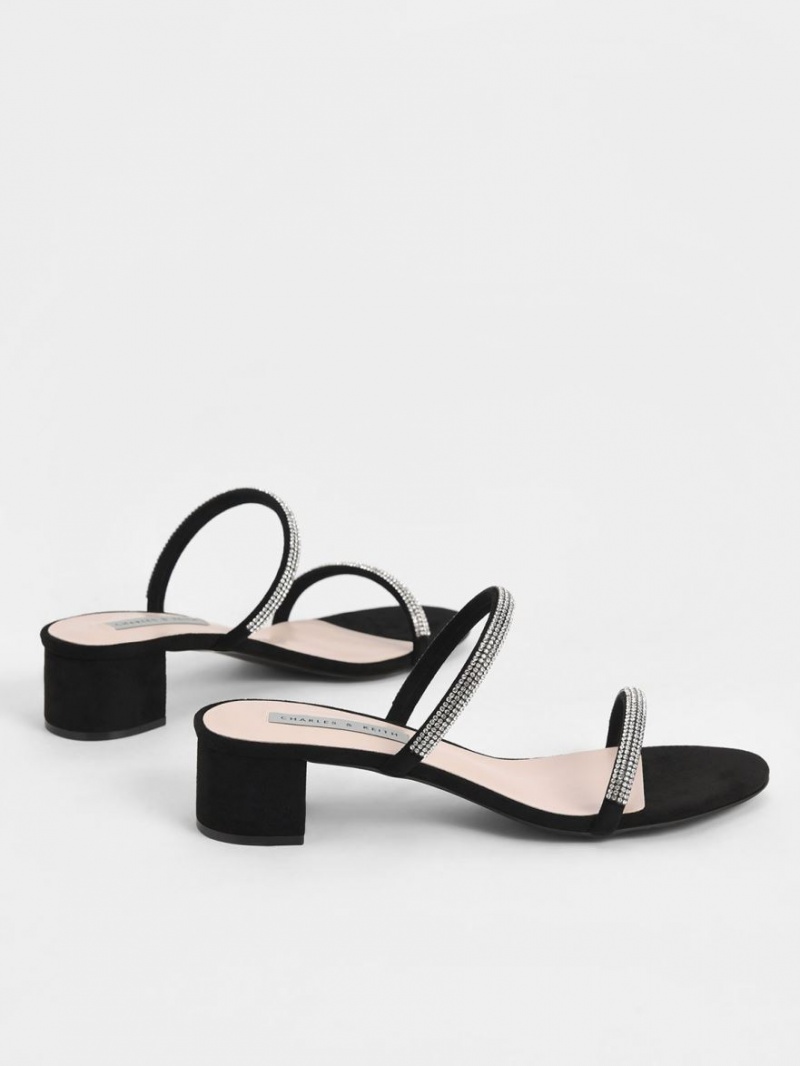 Charles & Keith Gem-Encrusted Strappy Hælene Mules Sko Svarte | KTSWX7548