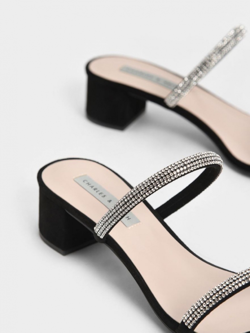 Charles & Keith Gem-Encrusted Strappy Hælene Mules Sko Svarte | KTSWX7548