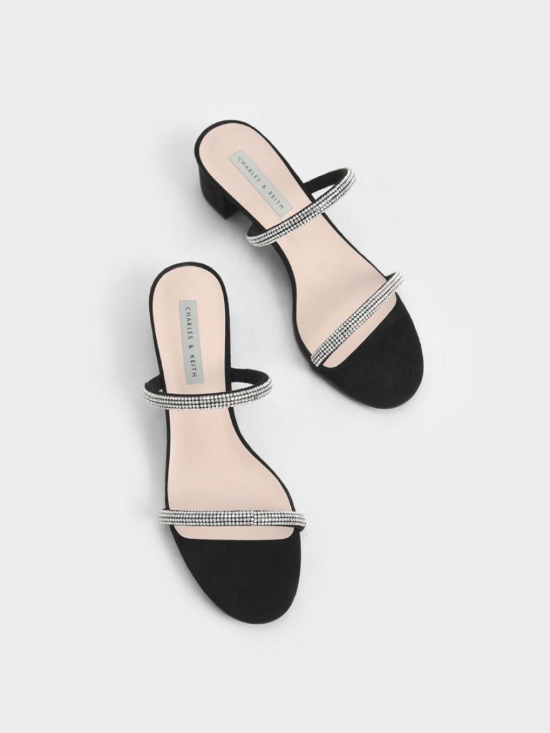 Charles & Keith Gem-Encrusted Strappy Hælene Mules Sko Svarte | KTSWX7548