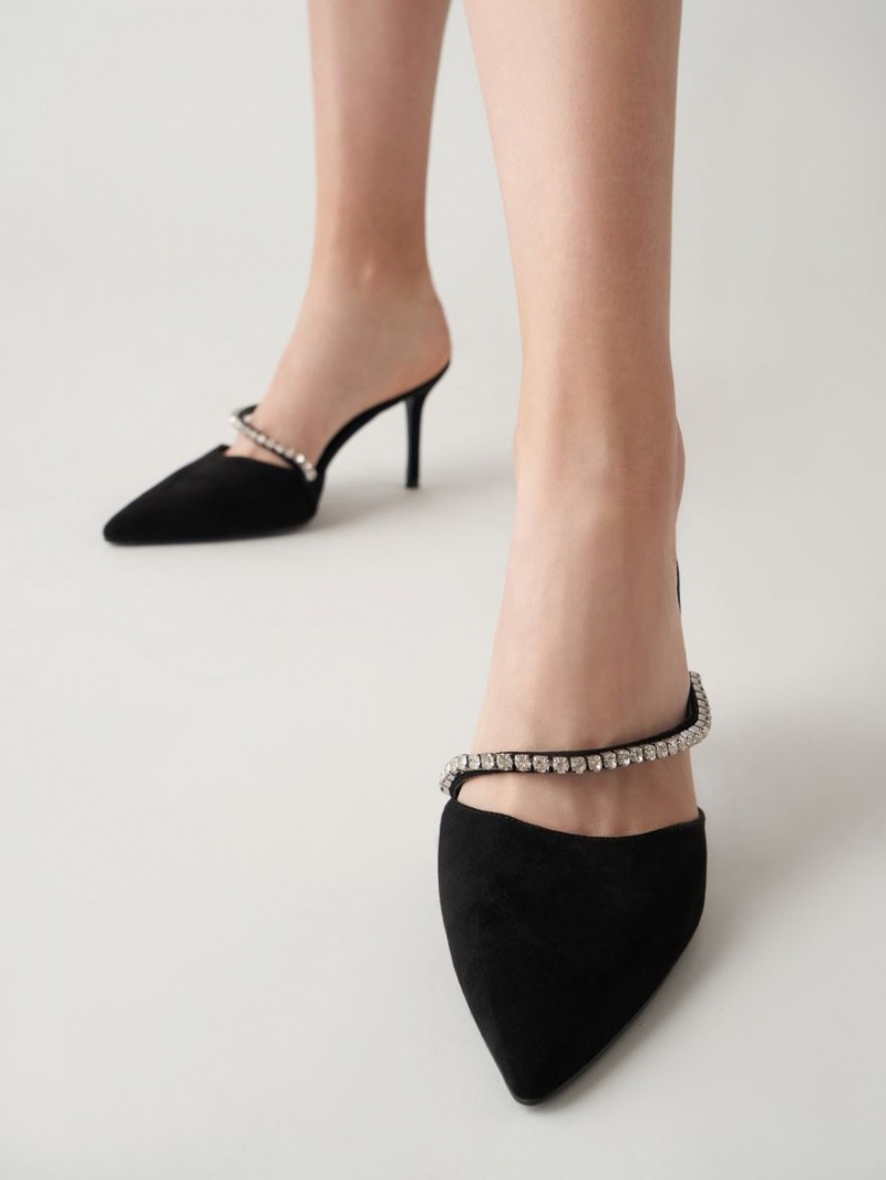 Charles & Keith Gem-Encrusted Textured Stiletto Mules Sko Svarte | GIFWP2086