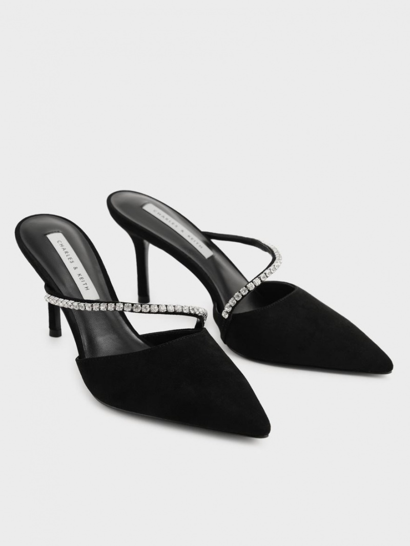 Charles & Keith Gem-Encrusted Textured Stiletto Mules Sko Svarte | GIFWP2086