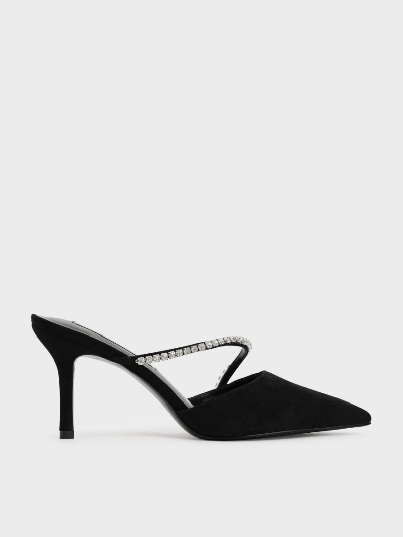 Charles & Keith Gem-Encrusted Textured Stiletto Mules Sko Svarte | GIFWP2086