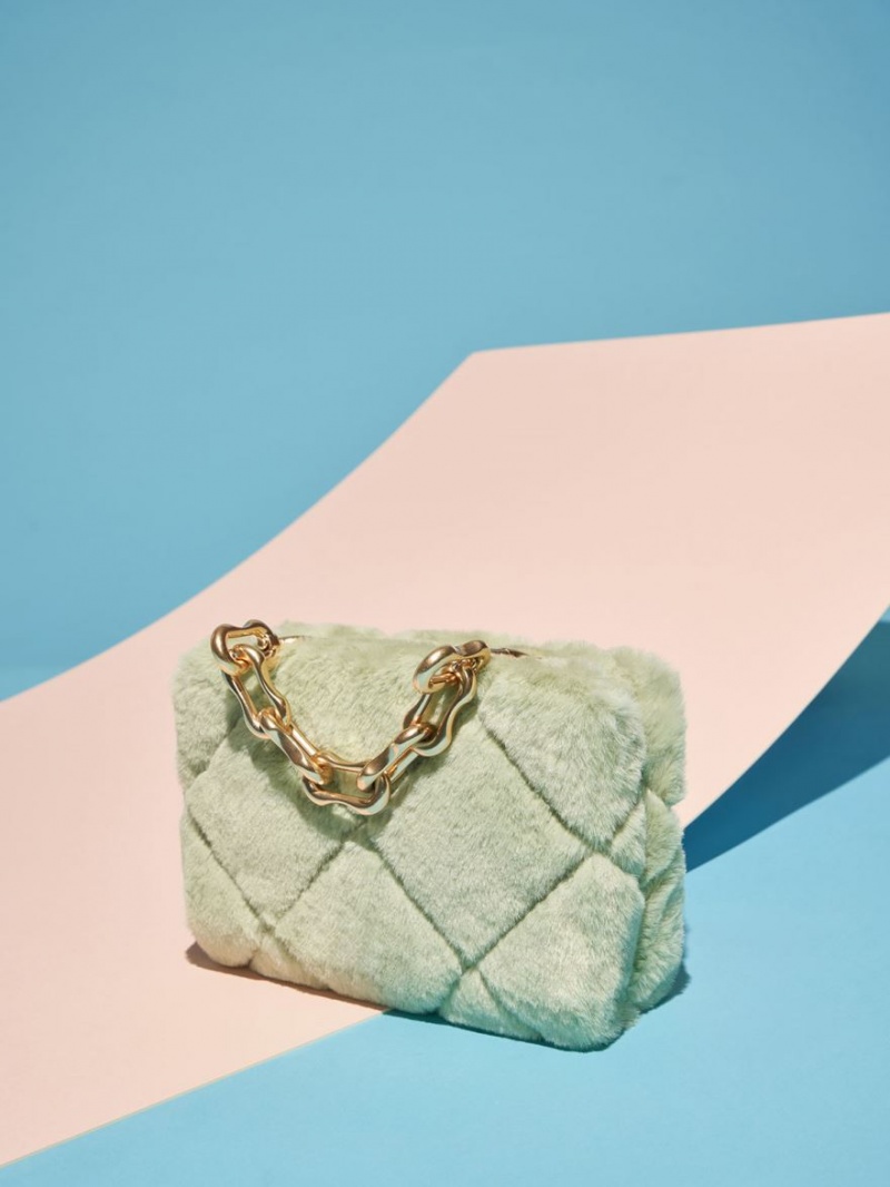 Charles & Keith Gemma Chunky Chain Handle Furry Vattert Boxy Crossbody Veske Mint | PZLDJ7659