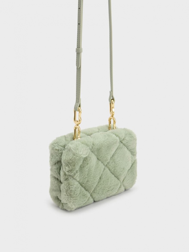 Charles & Keith Gemma Chunky Chain Handle Furry Vattert Boxy Crossbody Veske Mint | PZLDJ7659