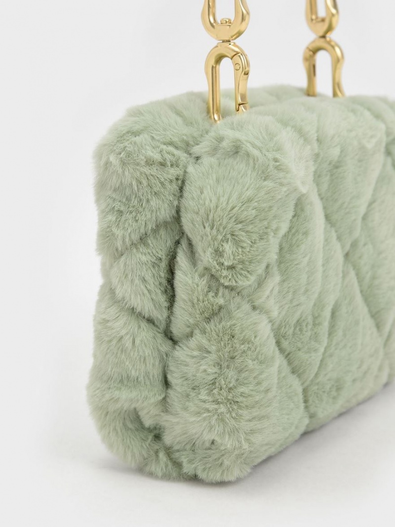 Charles & Keith Gemma Chunky Chain Handle Furry Vattert Boxy Crossbody Veske Mint | PZLDJ7659