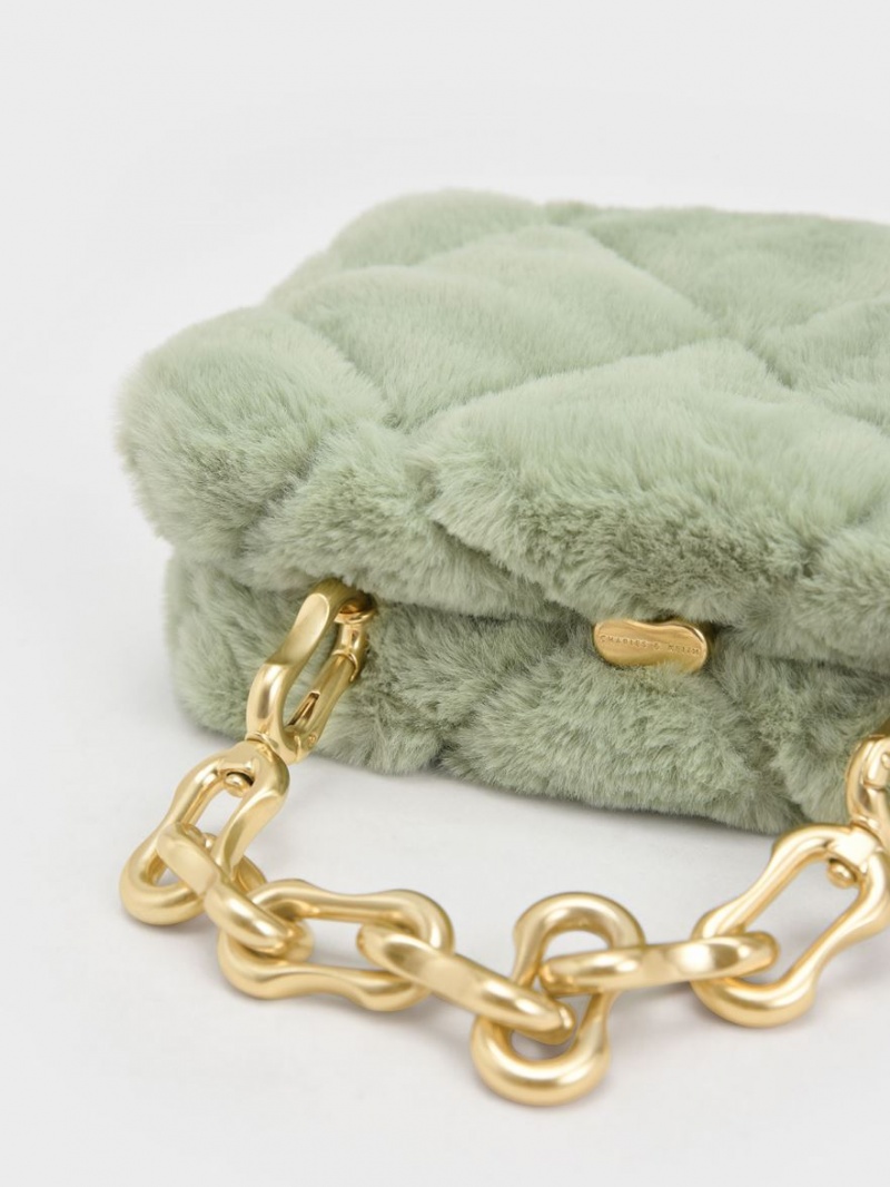 Charles & Keith Gemma Chunky Chain Handle Furry Vattert Boxy Crossbody Veske Mint | PZLDJ7659