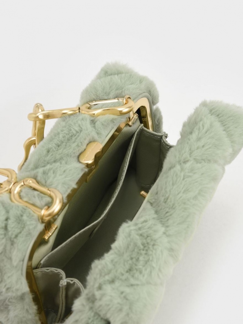 Charles & Keith Gemma Chunky Chain Handle Furry Vattert Boxy Crossbody Veske Mint | PZLDJ7659