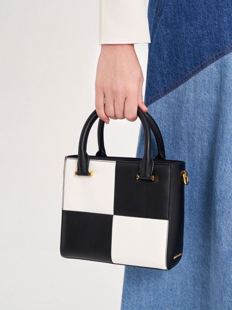 Charles & Keith Georgette Checkered Square Tote Veske Svarte Hvite | KTDOB2490