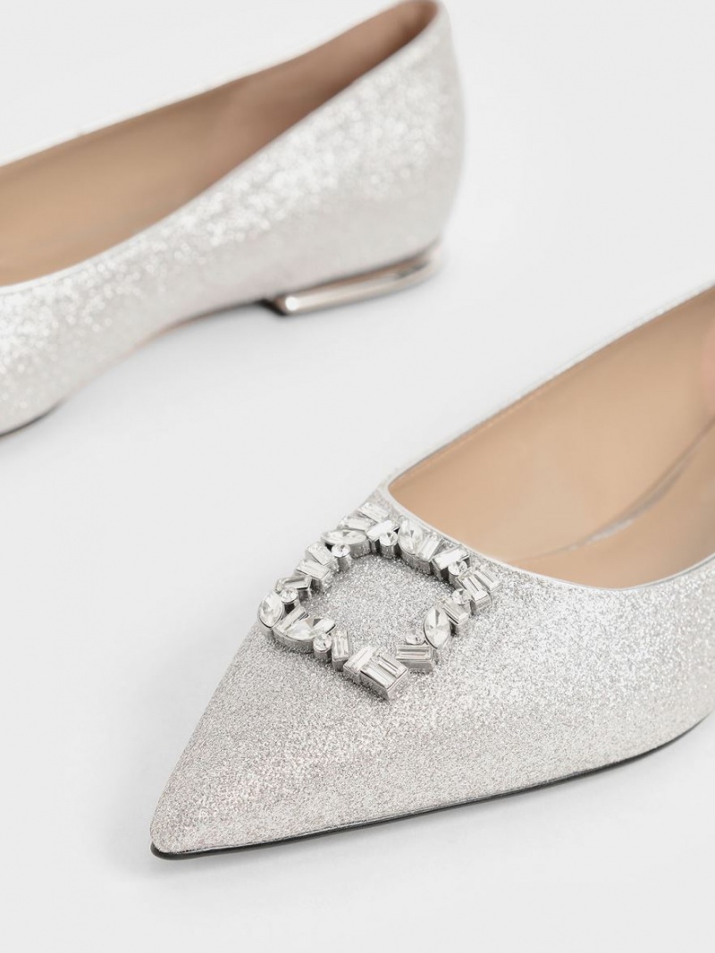 Charles & Keith Glitter Gem-Embellished Ballerinasko Sølv | VLFAS1942