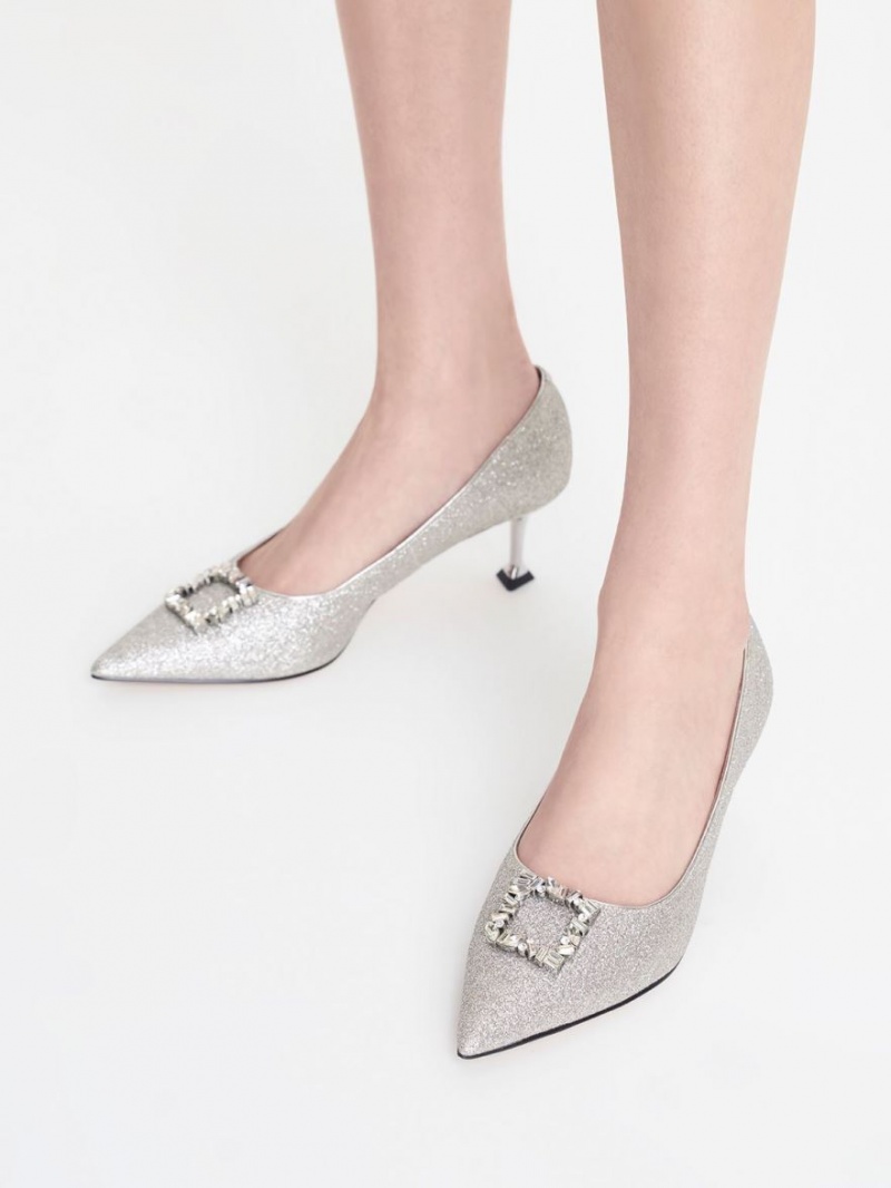 Charles & Keith Glittered Gem-Embellished Kitten Heel Pumps Sølv | YZPQW6572