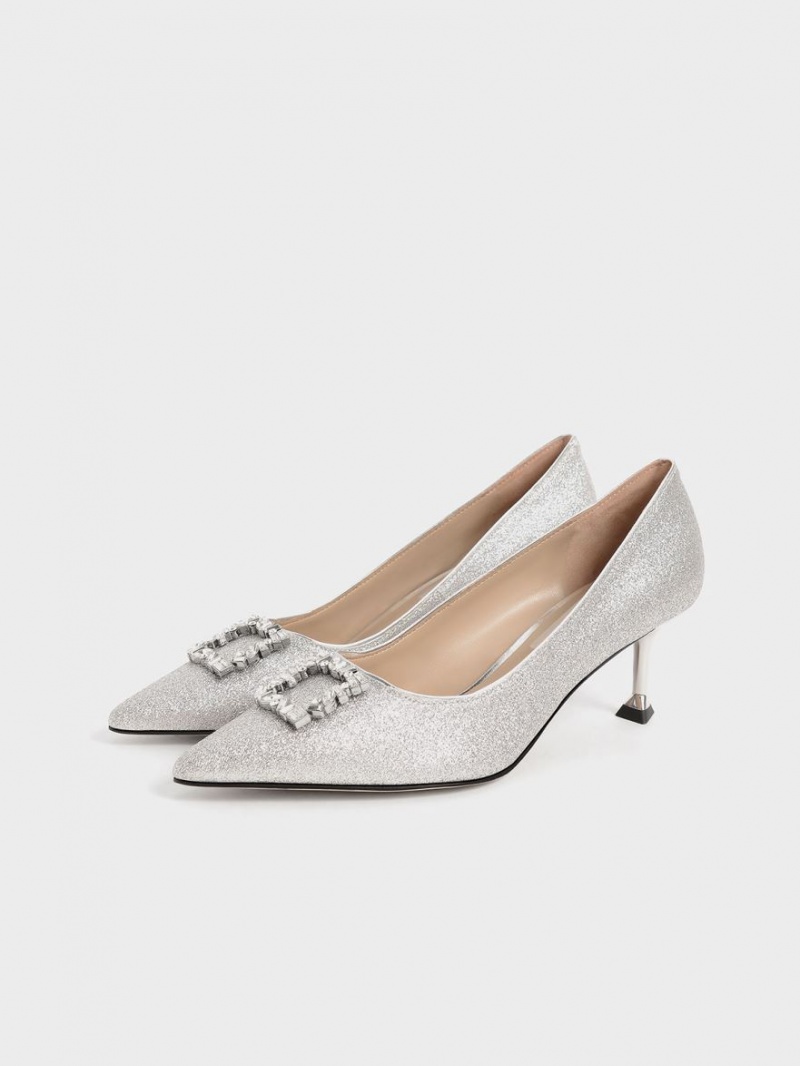 Charles & Keith Glittered Gem-Embellished Kitten Heel Pumps Sølv | YZPQW6572