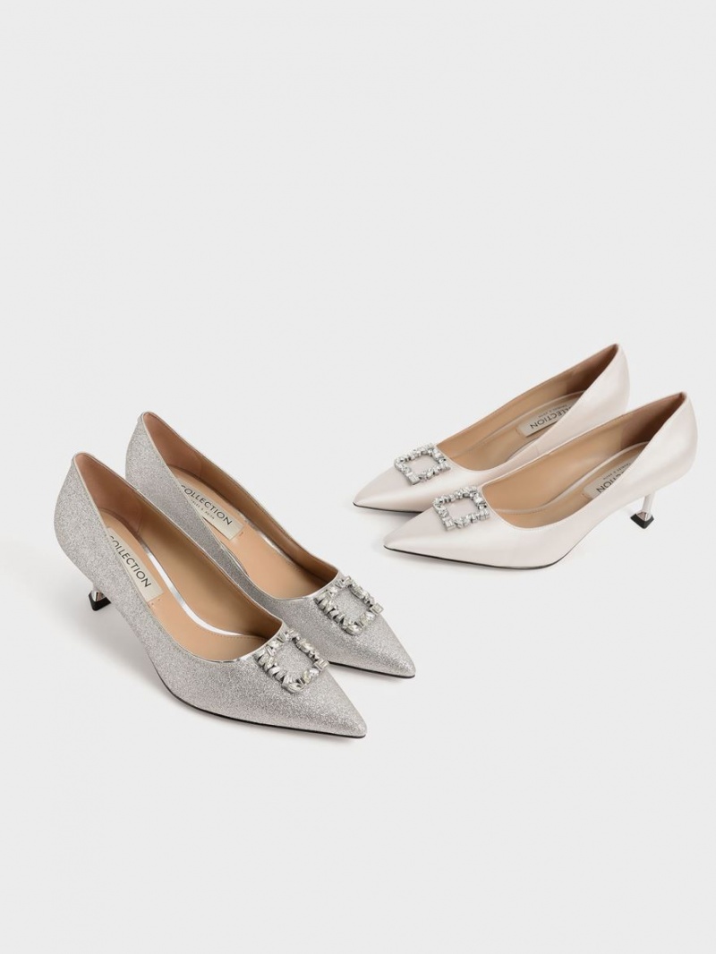 Charles & Keith Glittered Gem-Embellished Kitten Heel Pumps Sølv | YZPQW6572