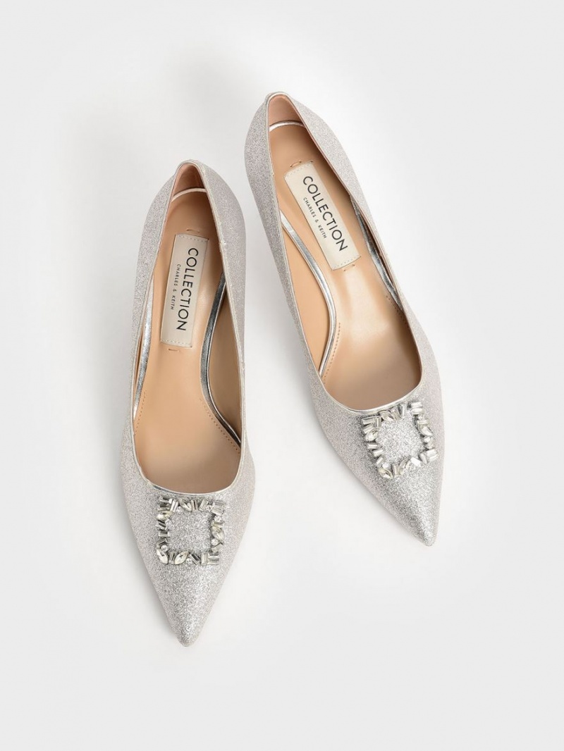 Charles & Keith Glittered Gem-Embellished Kitten Heel Pumps Sølv | YZPQW6572