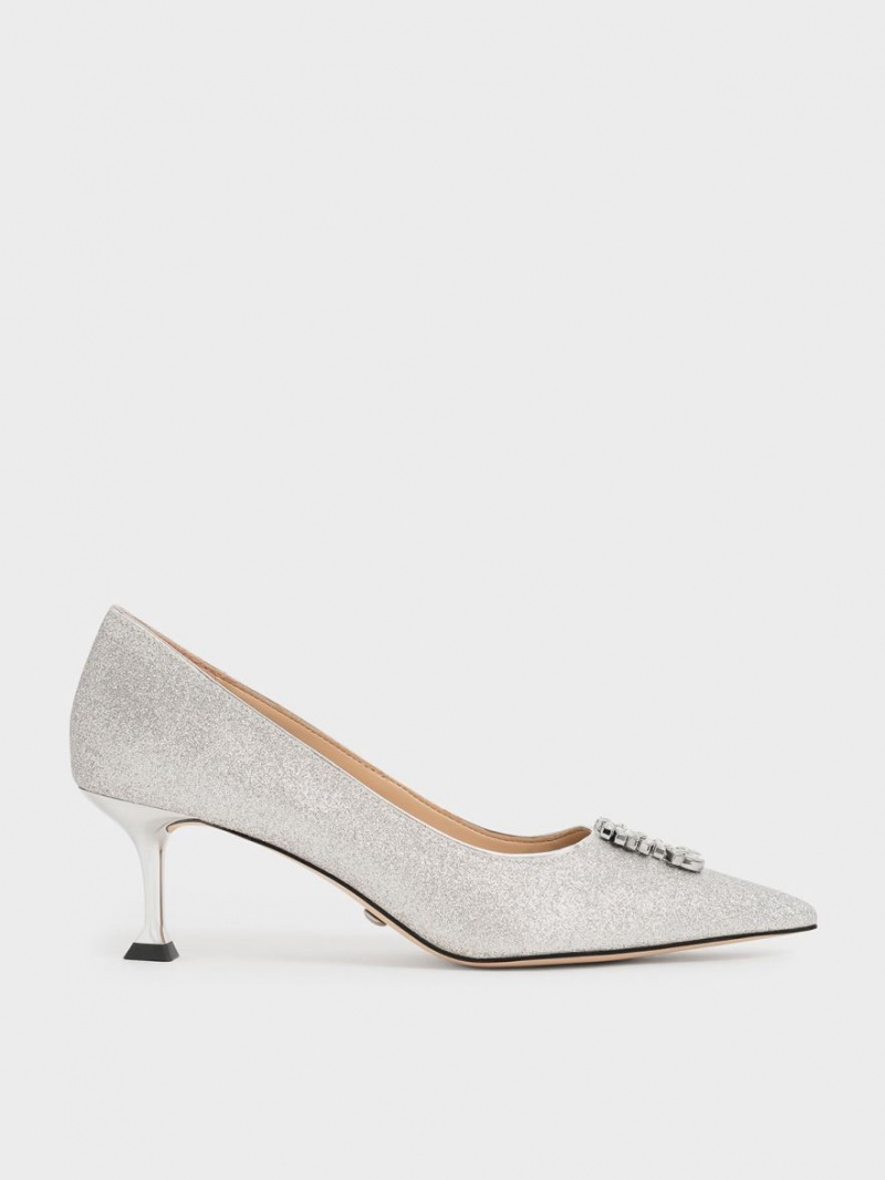 Charles & Keith Glittered Gem-Embellished Kitten Heel Pumps Sølv | YZPQW6572