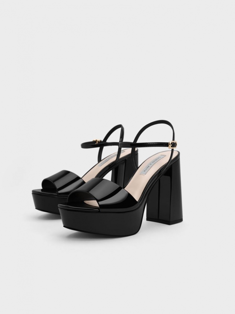 Charles & Keith Halle Peep-Tå Patent Platåsandaler Svarte | IZYHO3086