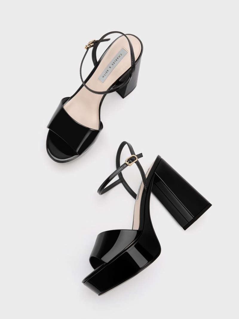 Charles & Keith Halle Peep-Tå Patent Platåsandaler Svarte | IZYHO3086