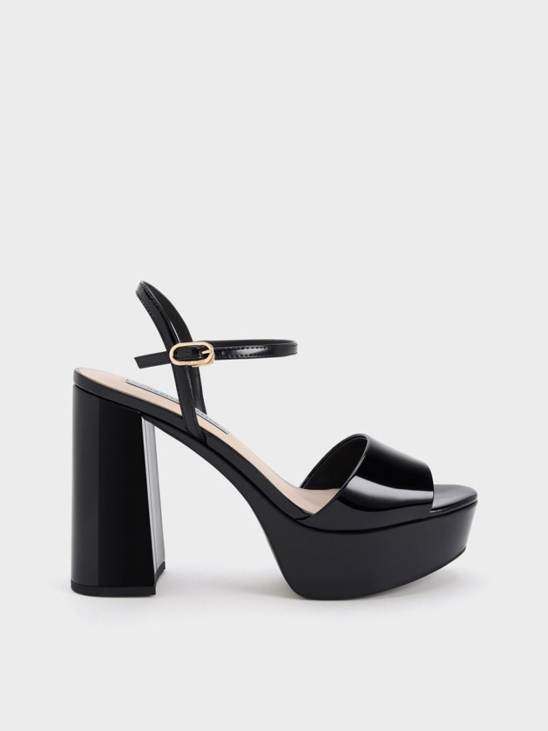 Charles & Keith Halle Peep-Tå Patent Platåsandaler Svarte | IZYHO3086