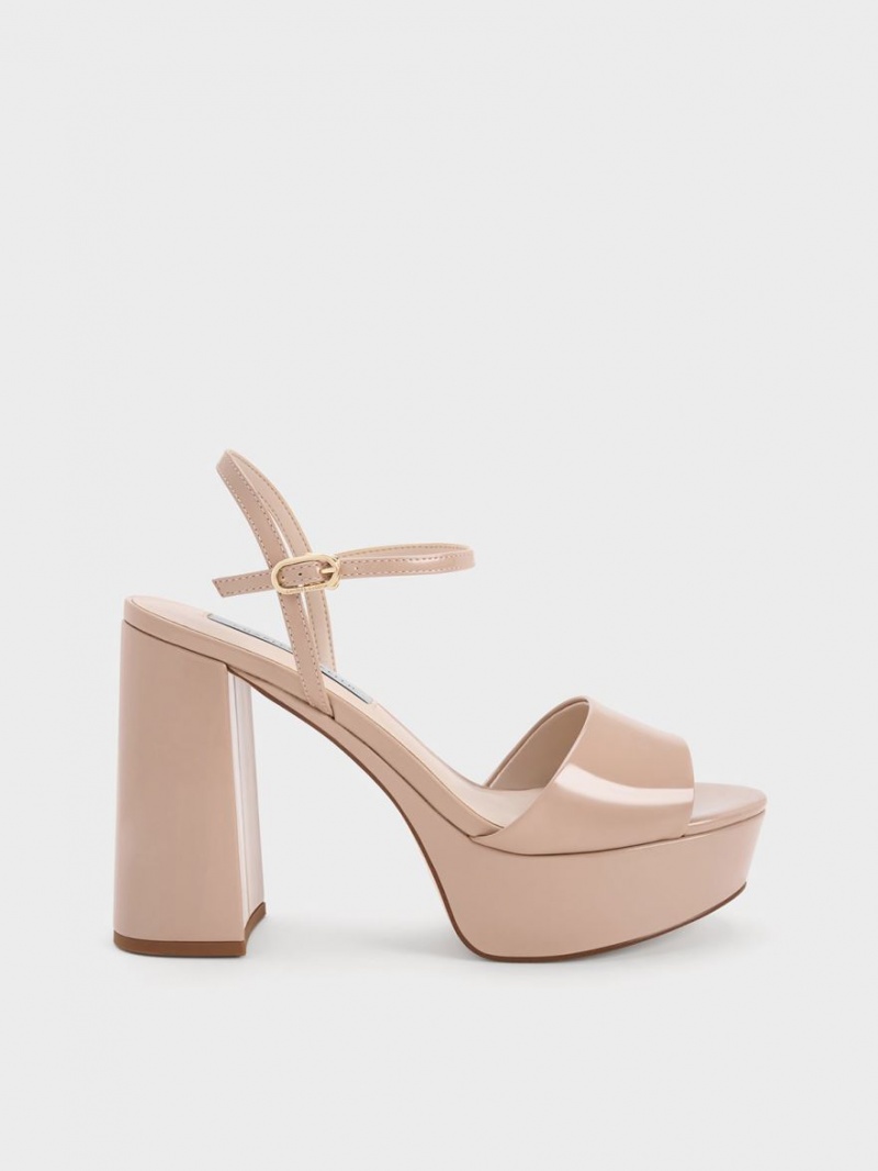 Charles & Keith Halle Peep-Tå Patent Platåsandaler Beige | AHDXU2609