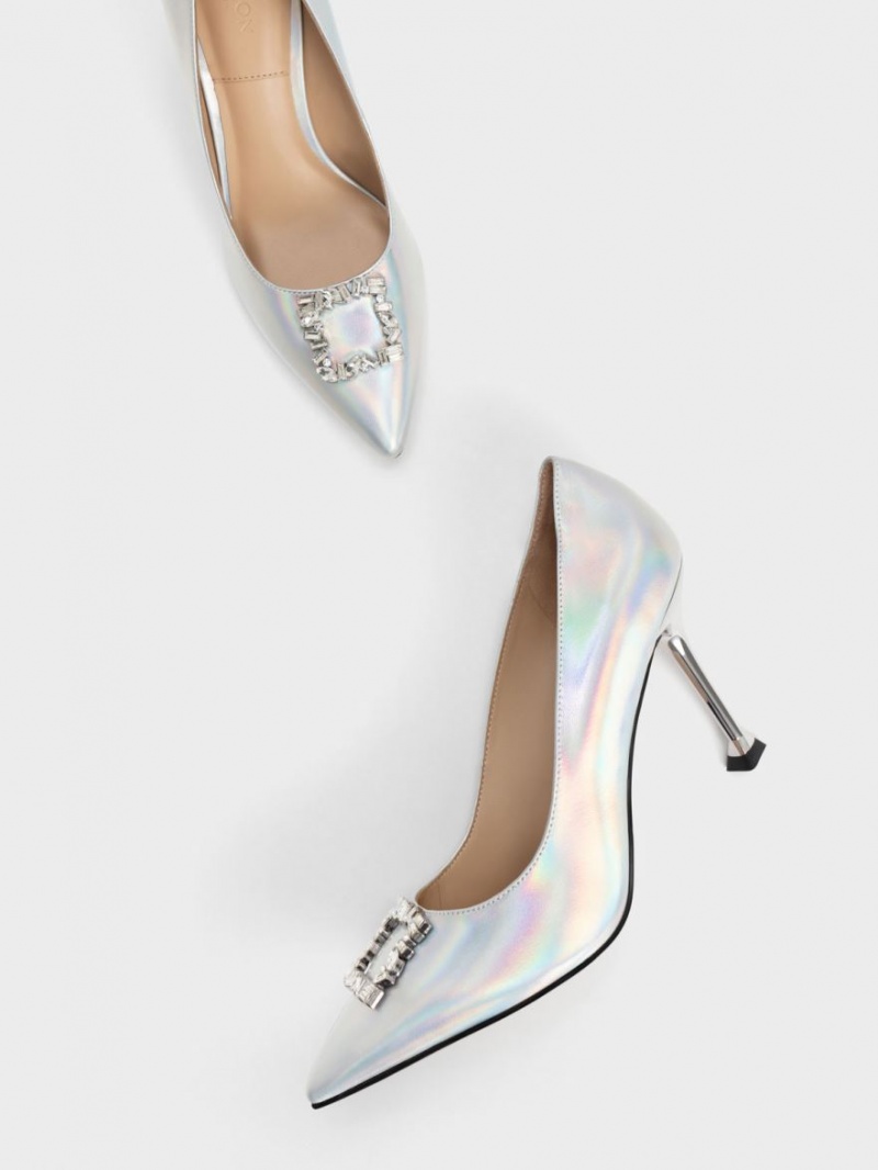 Charles & Keith Holographic Lær Gem-Embellished Pumps Multicolor | JSIEL5138