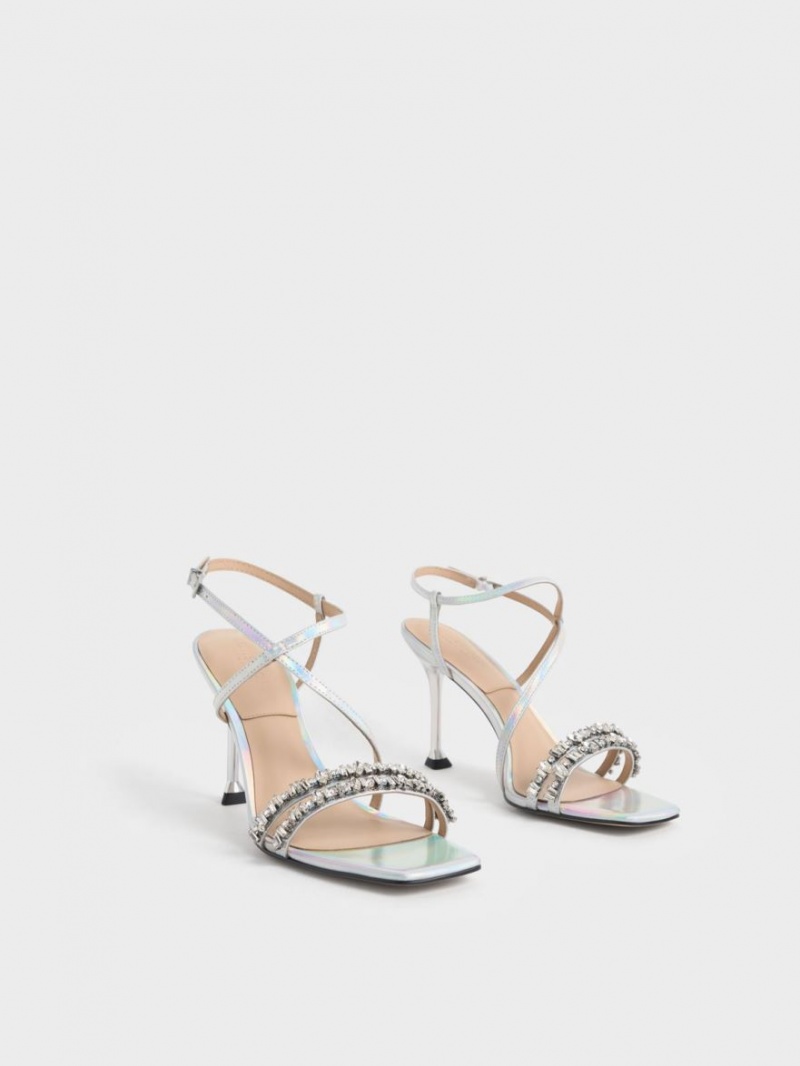 Charles & Keith Holographic Lær Gem-Embellished Sandaler Med Reim Multicolor | ZPCLA5264