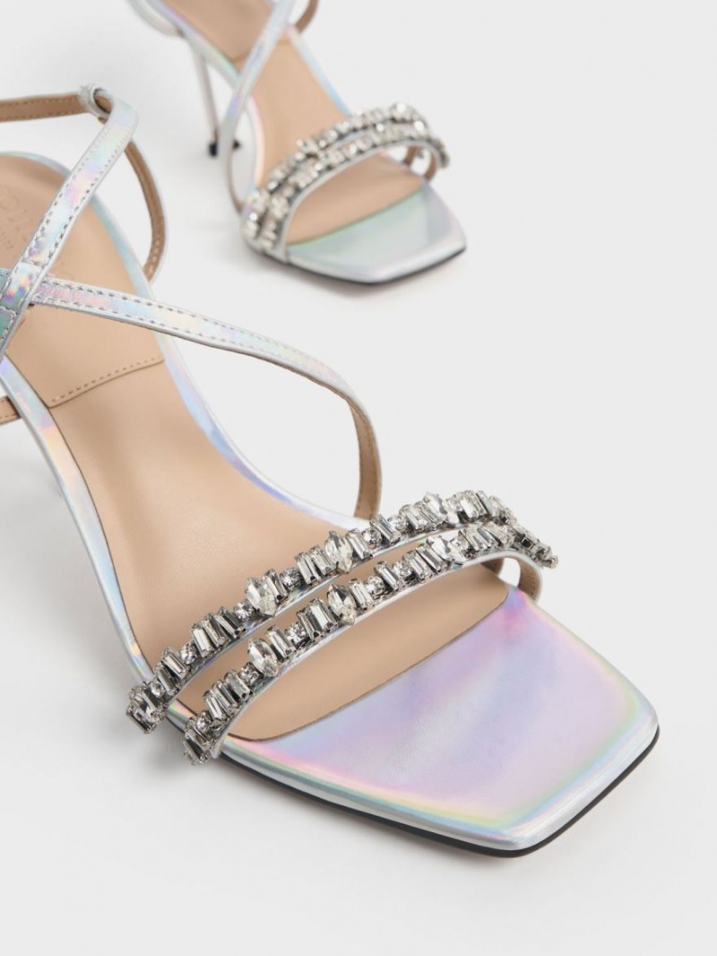 Charles & Keith Holographic Lær Gem-Embellished Sandaler Med Reim Multicolor | ZPCLA5264