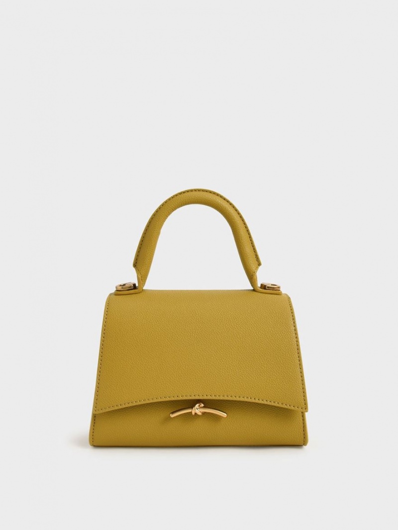 Charles & Keith Huxley Metallic Push-Lock Top Håndveske Sennepsgul | JTIDN7439