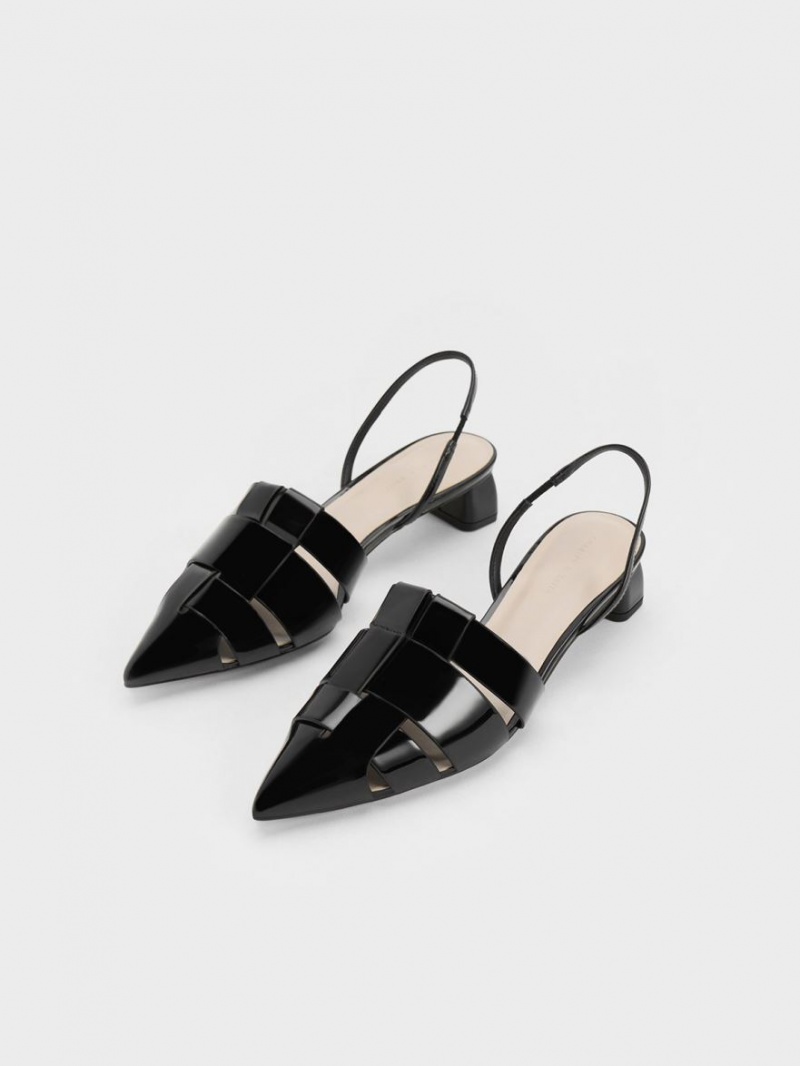 Charles & Keith Interwoven Patent Slingback Pumps Svarte | EONGV9123