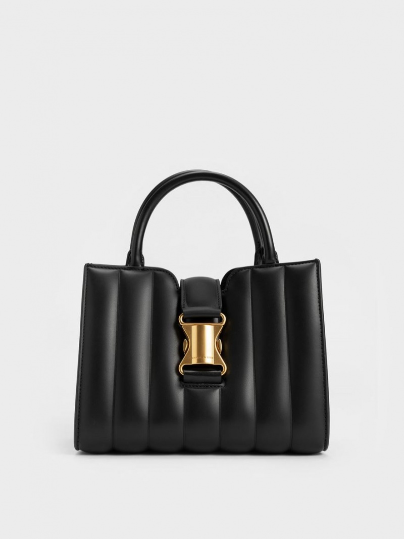 Charles & Keith Ivy Panelled Metallic Spenne Tote Veske Svarte | KHGED4861