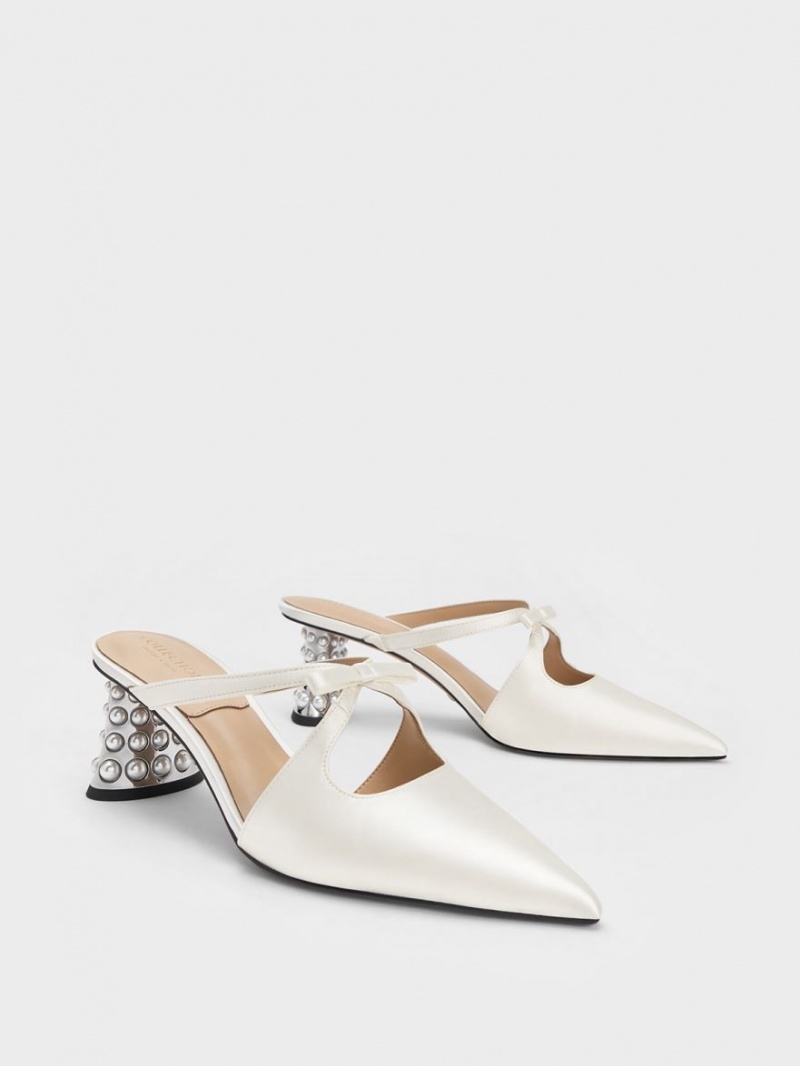 Charles & Keith Jacinda Beaded Heel Bow Mules Sko Hvite | NETQS2934