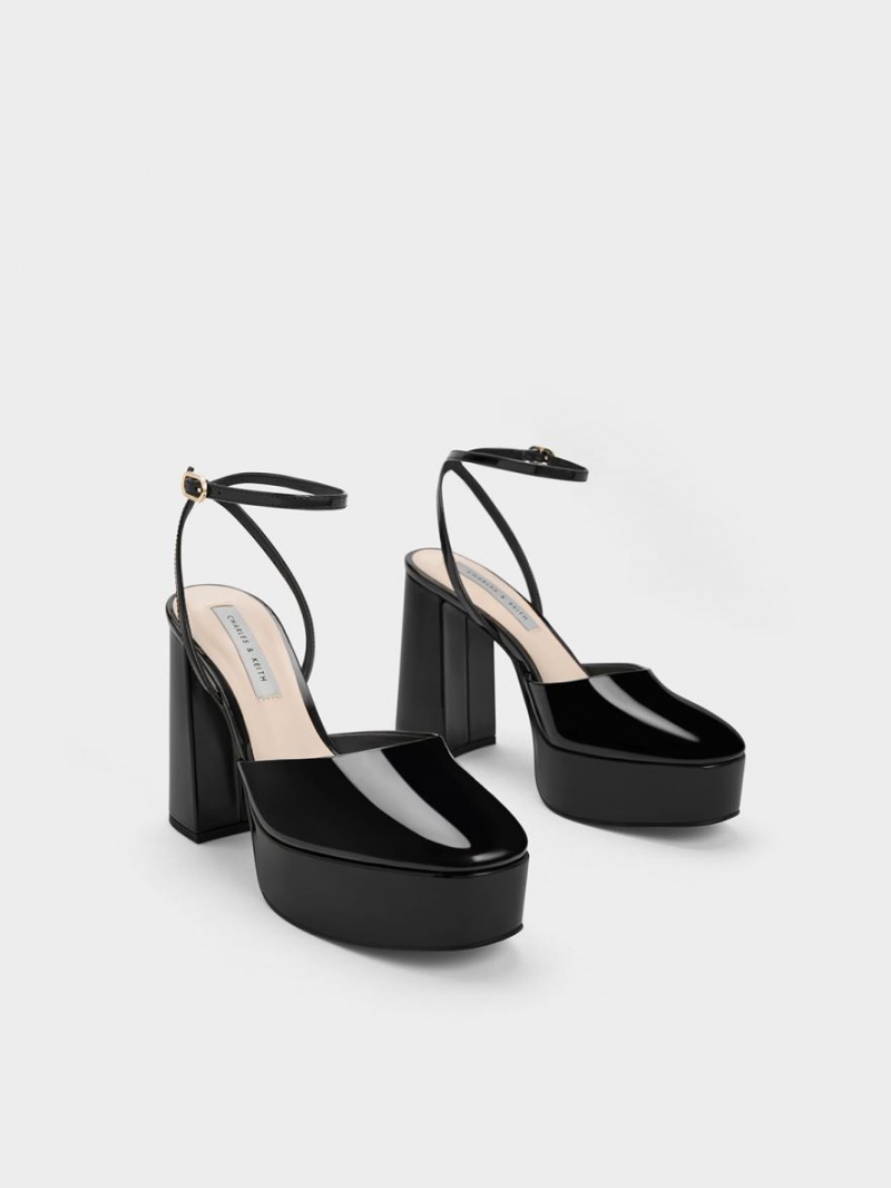 Charles & Keith Jemma Patent Platform Ankle-Reima Pumps Svarte | QHINJ4861